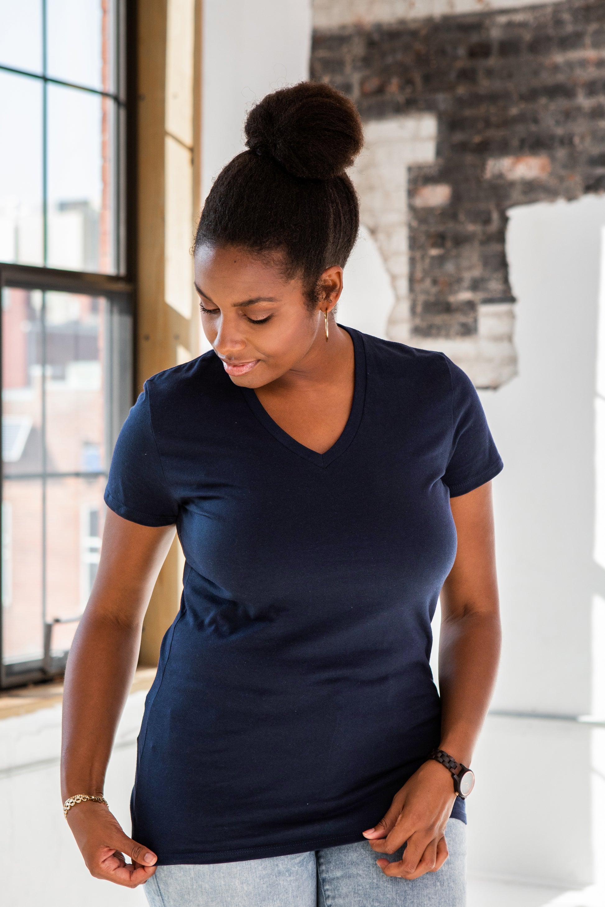 Female Model wearing GOEX Ladies Cotton V Neck in Navy