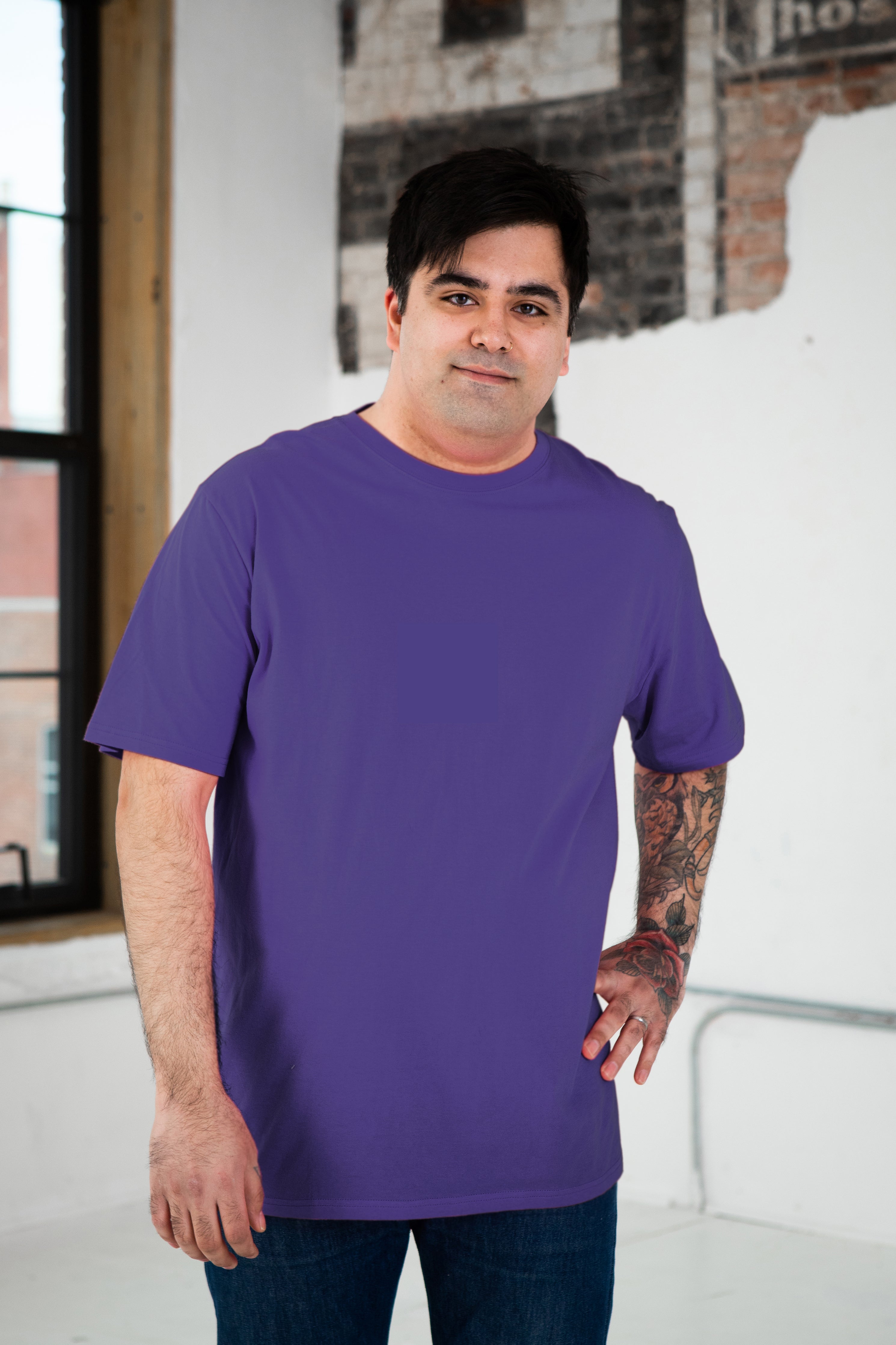 Male Model wearing GOEX Unisex and Men's Cotton Tee in Purple