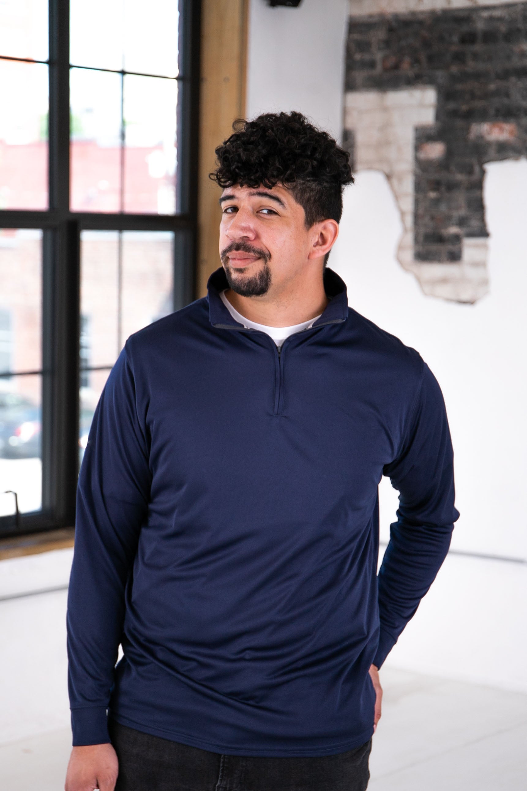 Male Model wearing GOEX Unisex and Men's Eco Poly 1/4 Zip in Navy
