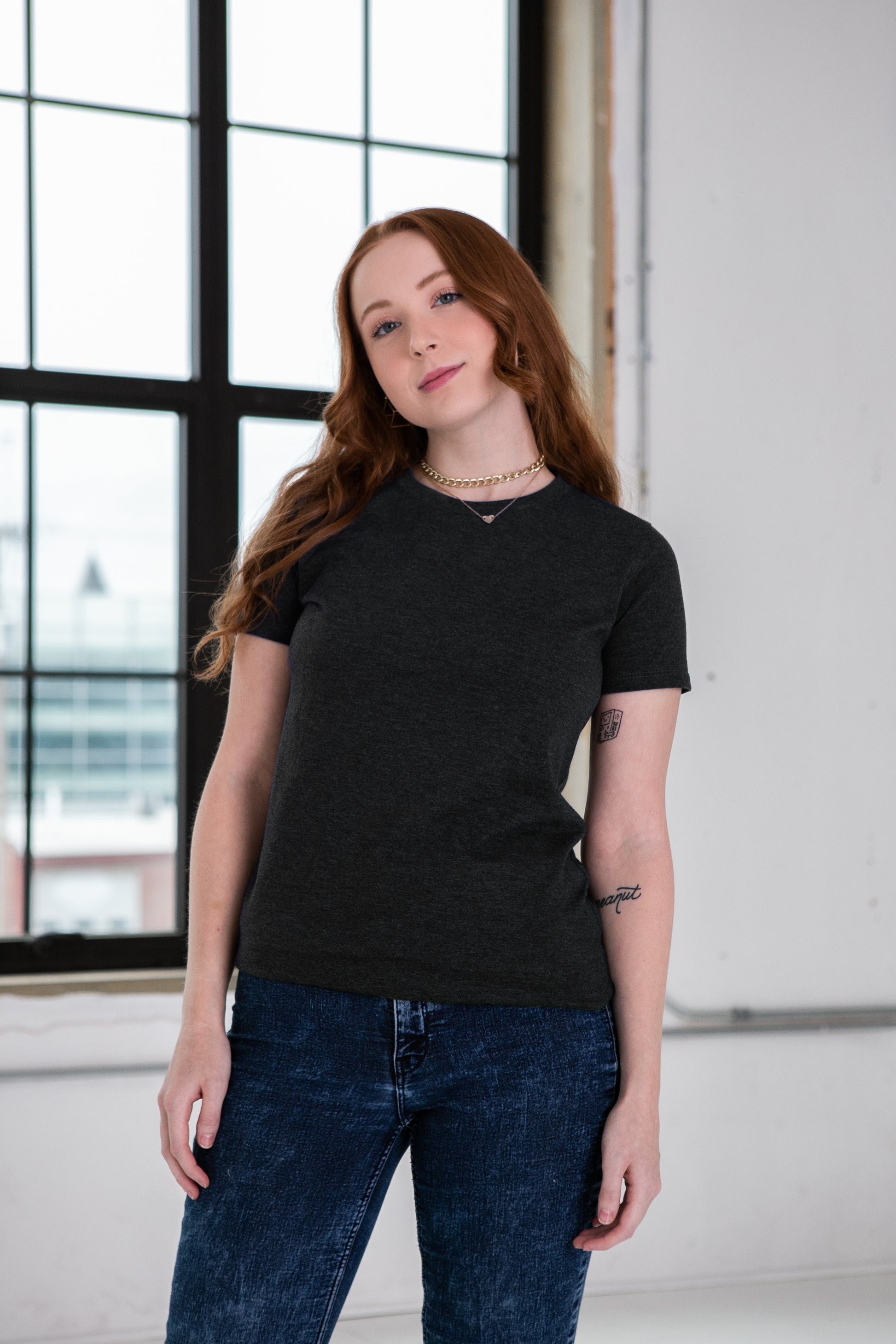 Female Model wearing GOEX Ladies Eco Triblend Tee in Charcoal