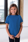 Girl Model wearing GOEX Youth Eco Triblend Tee in Royal