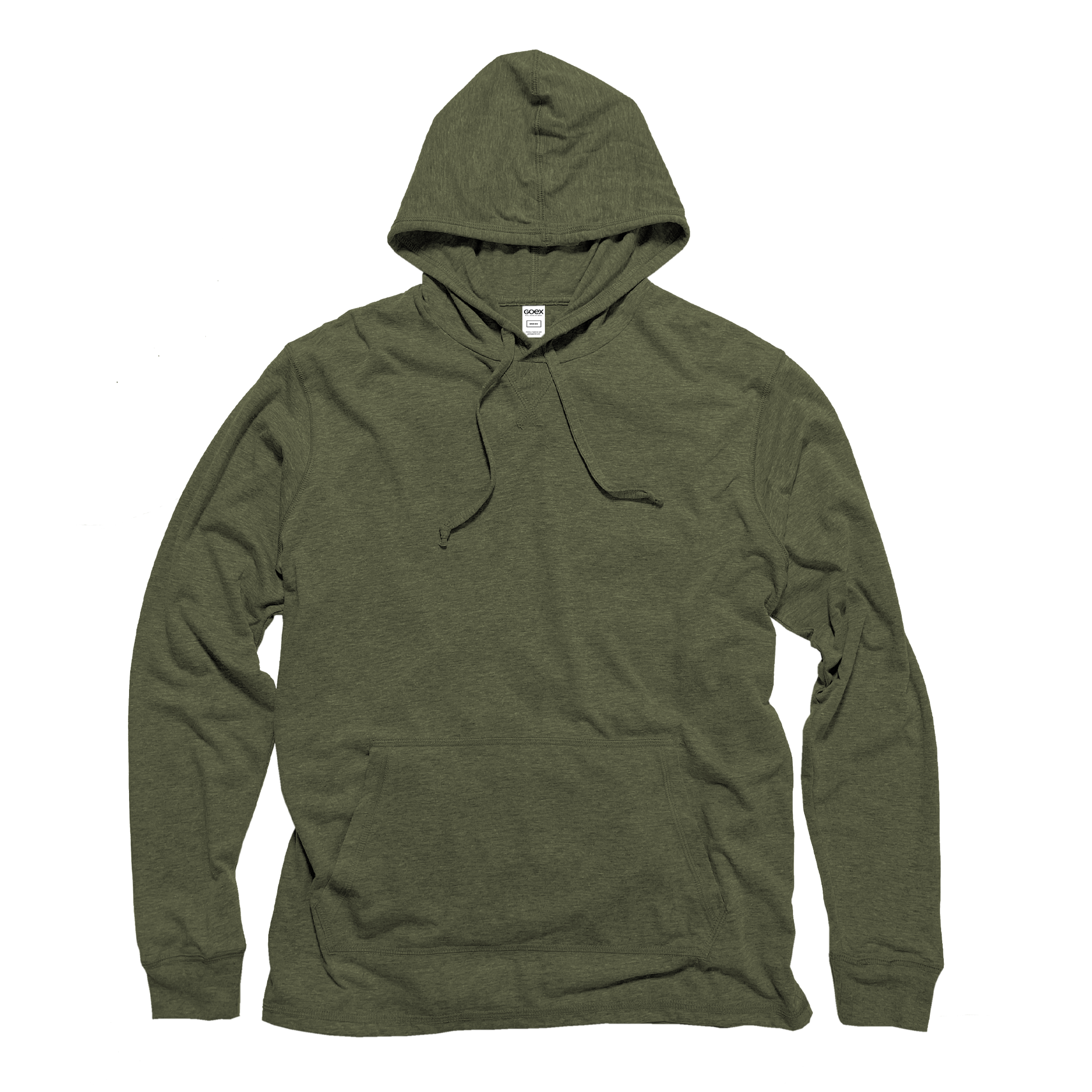 Front Flat Lay of GOEX Unisex and Men's Eco Triblend Hooded Tee in Olive