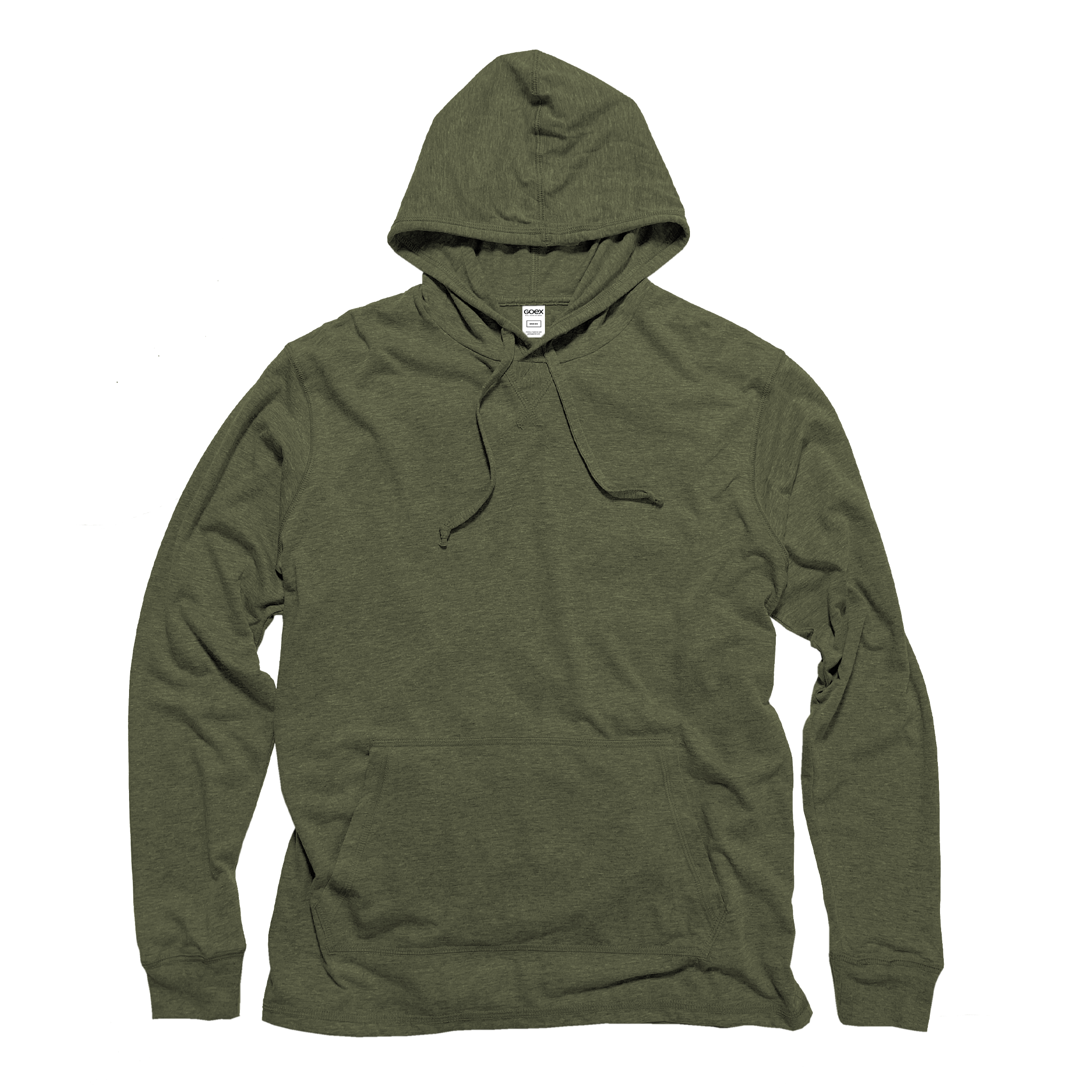 Front Flat Lay of GOEX Unisex and Men's Eco Triblend Hooded Tee in Olive