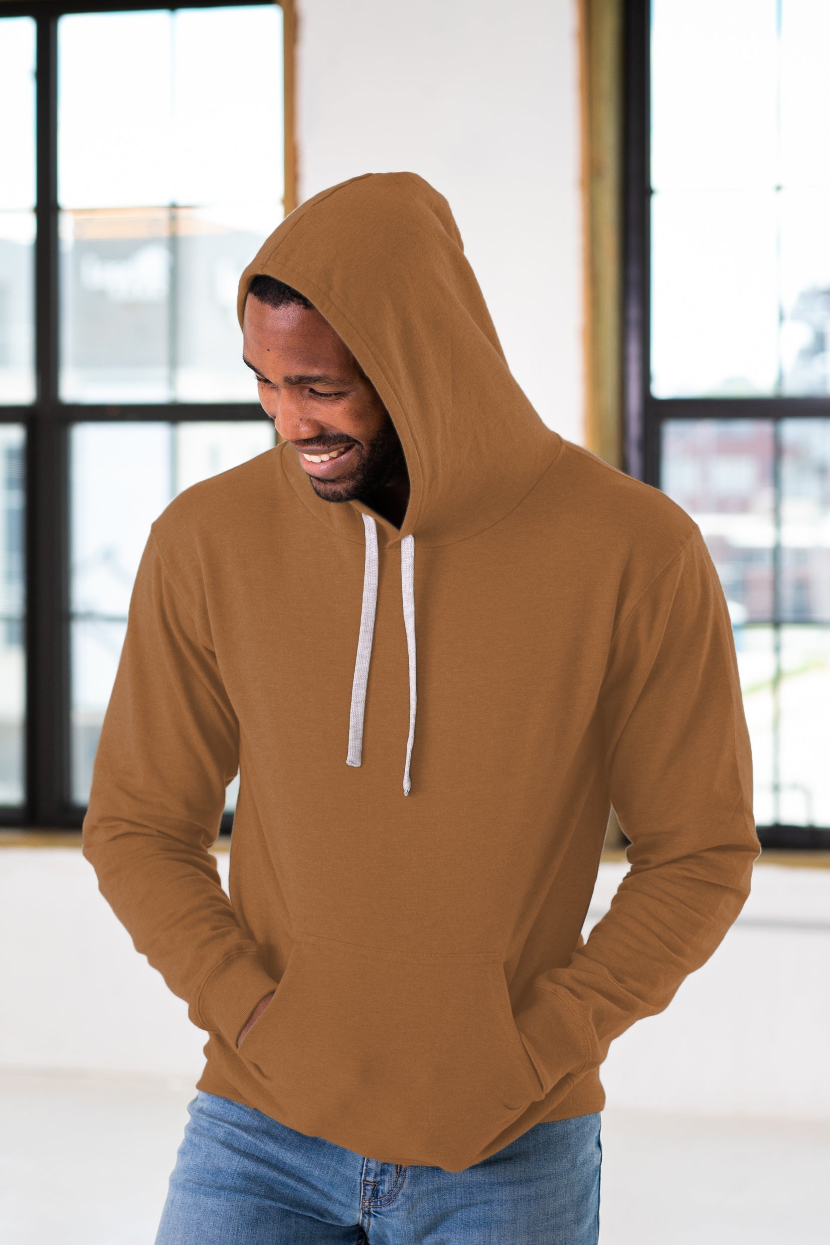 Male Model wearing GOEX Unisex and Men's Fleece Hoodie in Camel