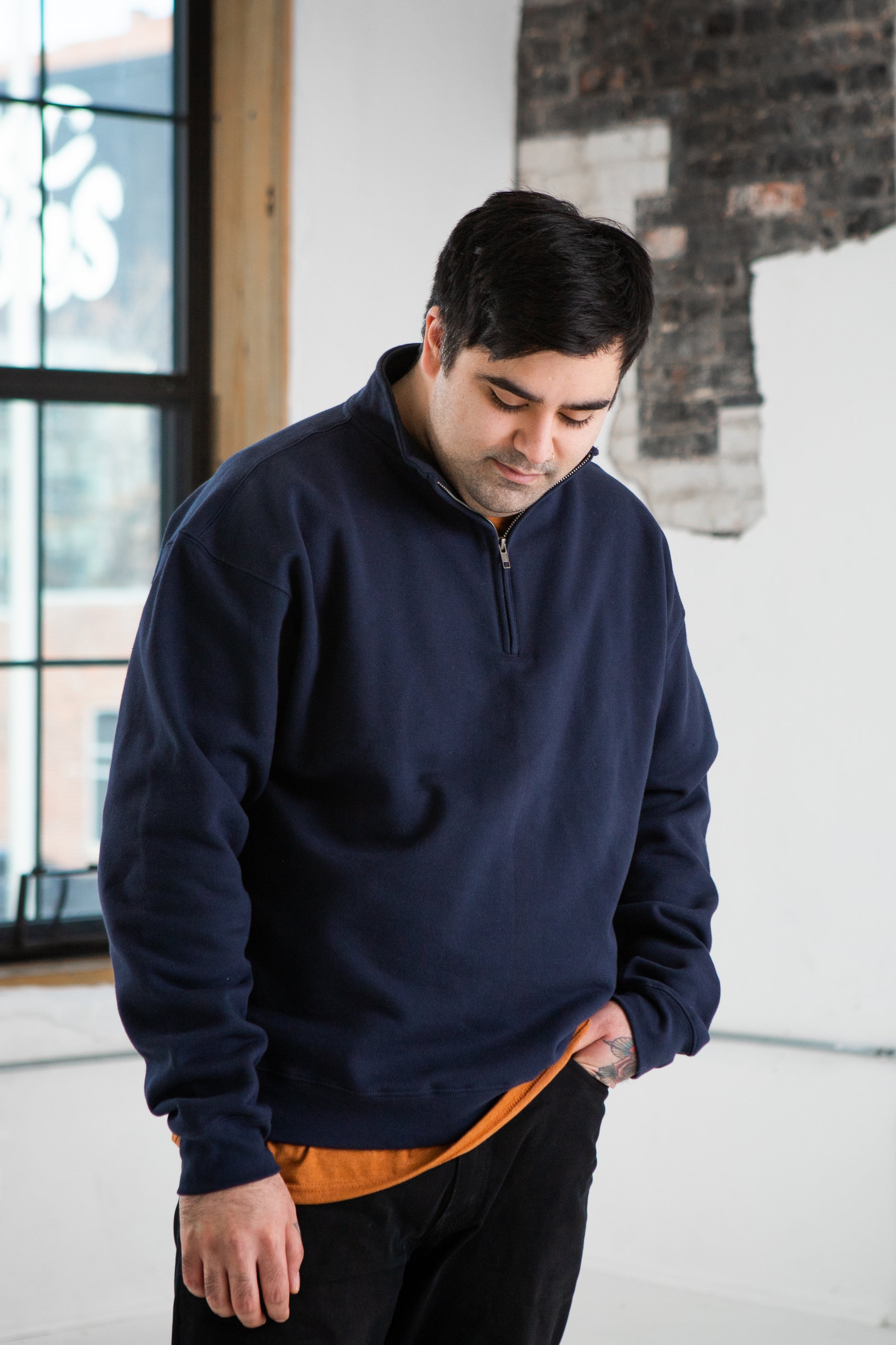 Male Model wearing GOEX Unisex and Men's Fleece 1/4 Zip in Navy