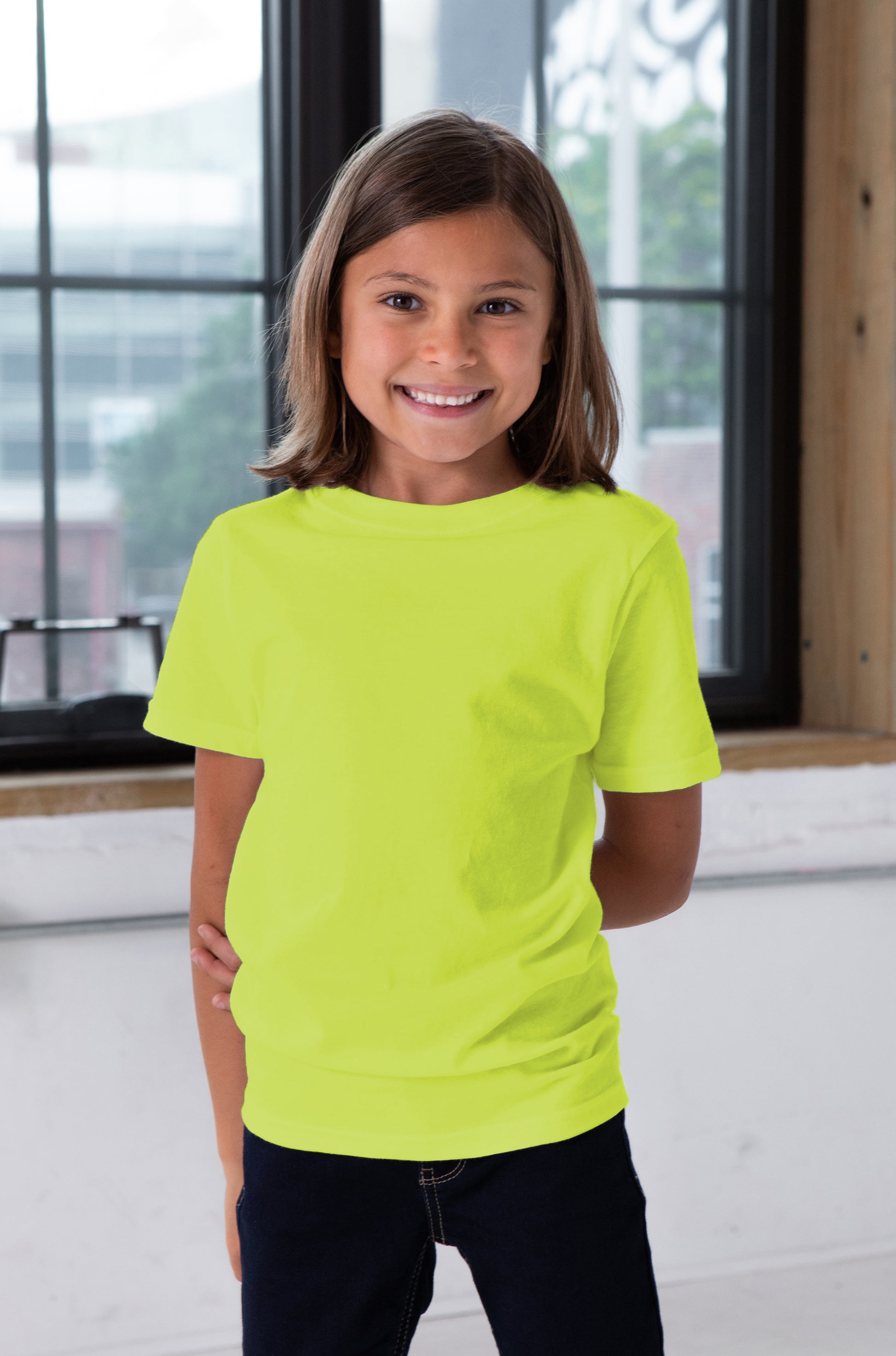 Female Model wearing GOEX Youth Standard Cotton Tee in Atomic Green
