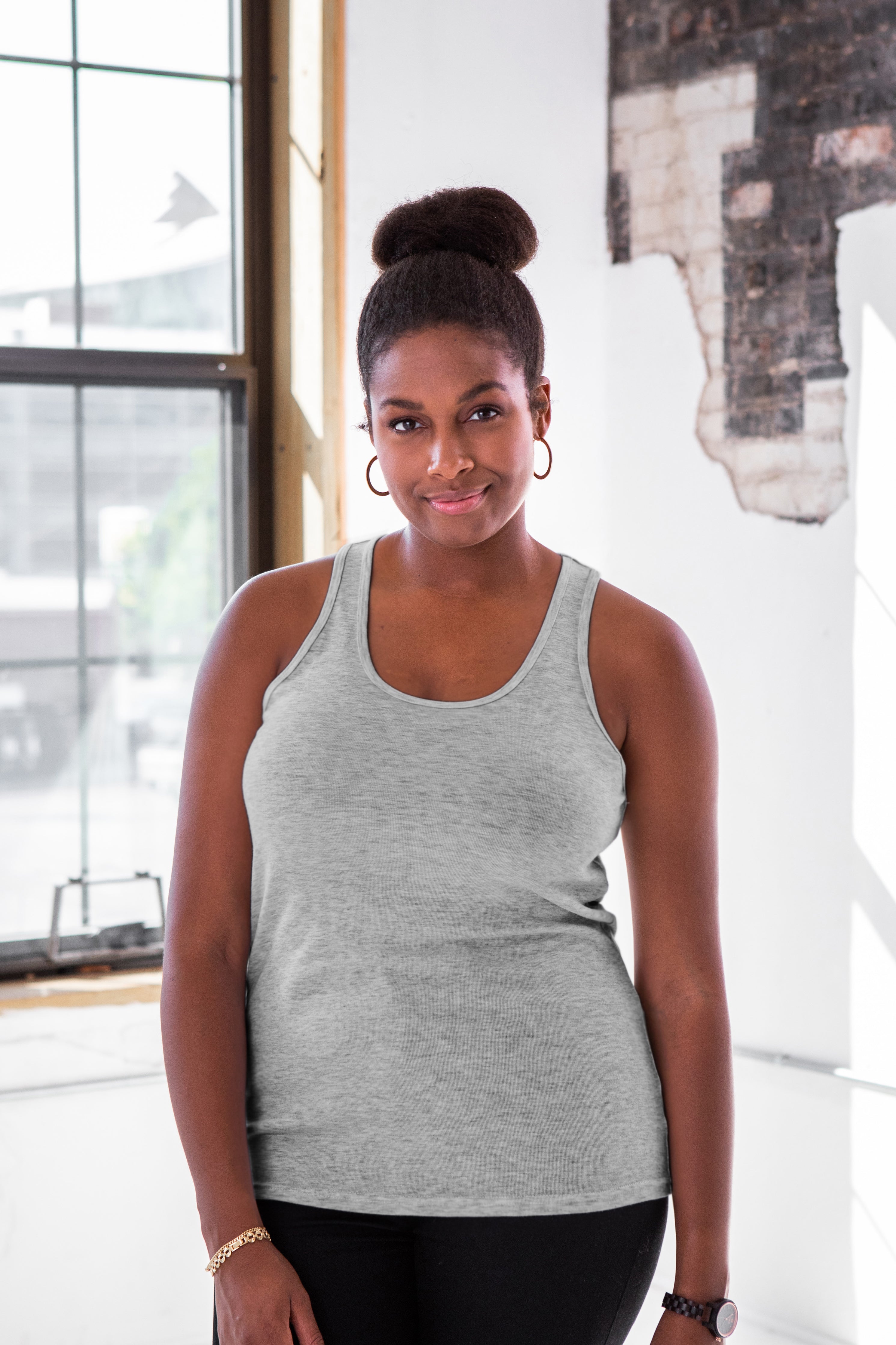 Female Model wearing GOEX Ladies Cotton Rib Tank in Oxford