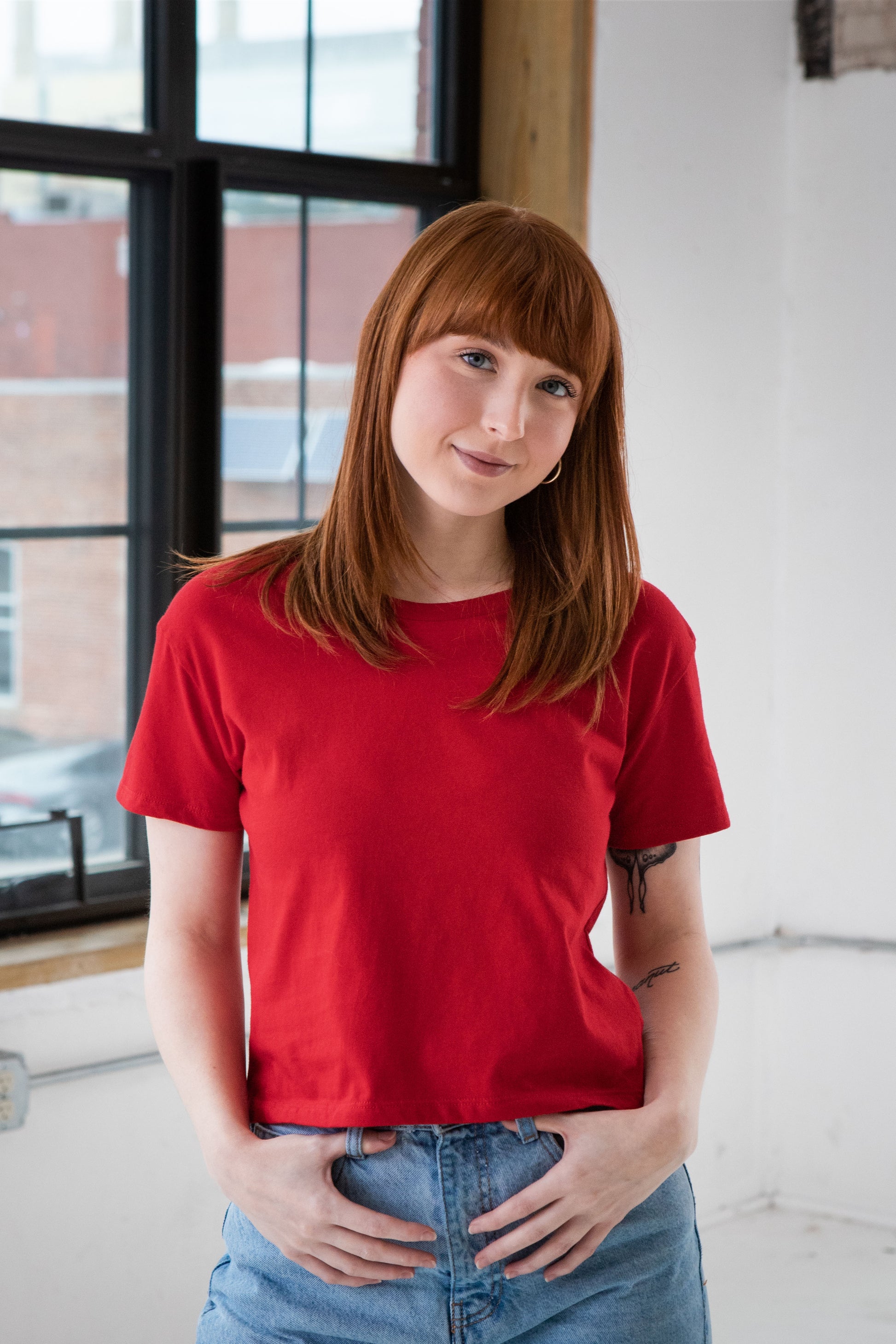 Female Model wearing GOEX Ladies Cotton Crop Tee in Red