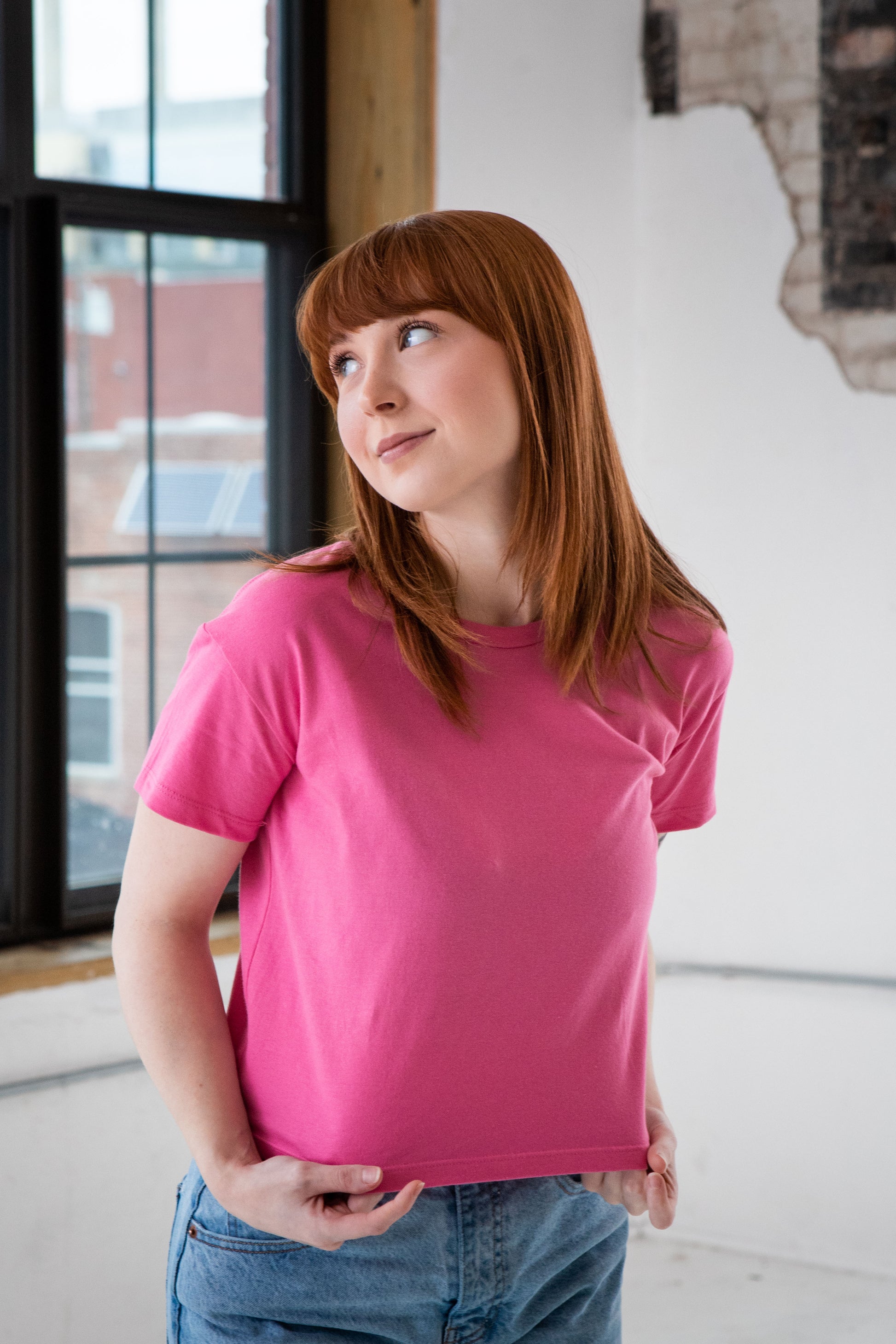 Female Model wearing GOEX Ladies Cotton Crop Tee in Bubblegum