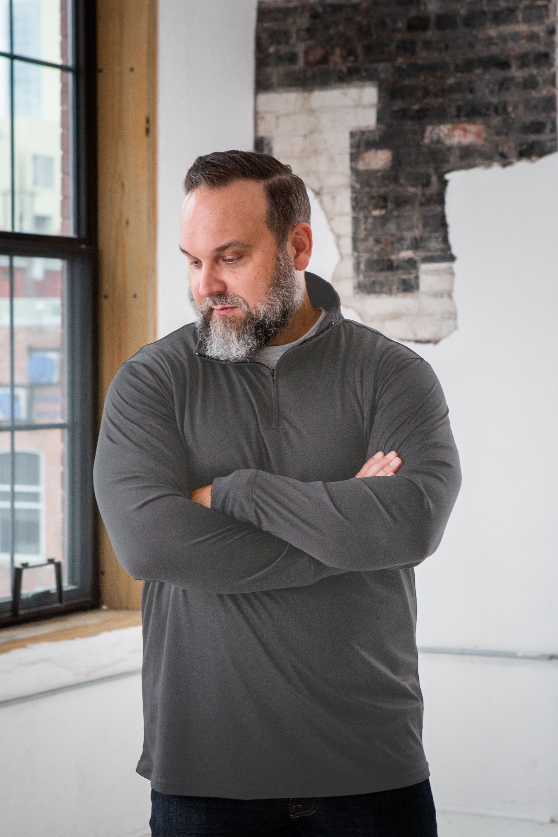 Male Model wearing GOEX Unisex and Men's Eco Poly 1/4 Zip in Grey
