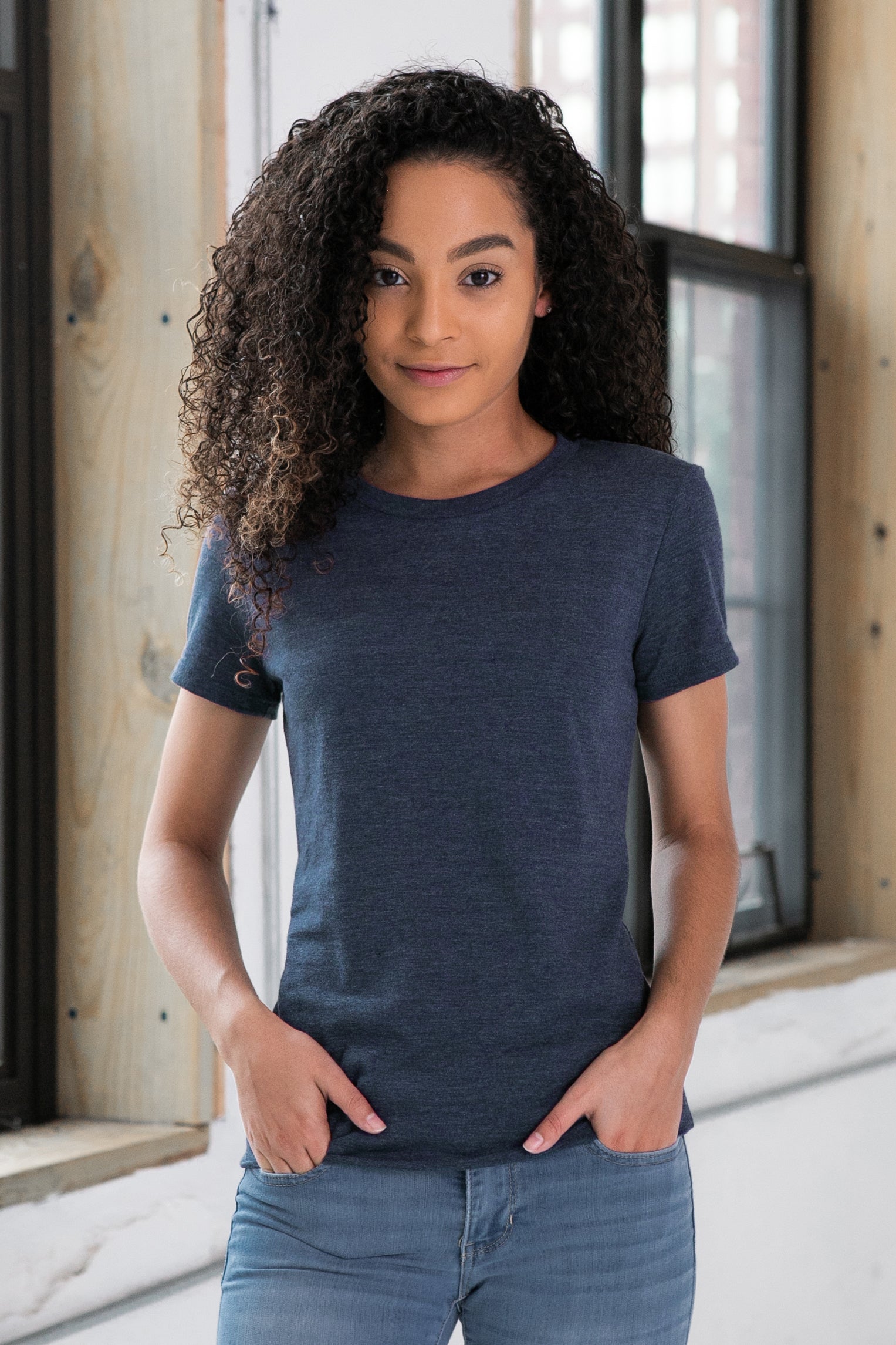 Female Model wearing GOEX Ladies Eco Triblend Tee in Navy