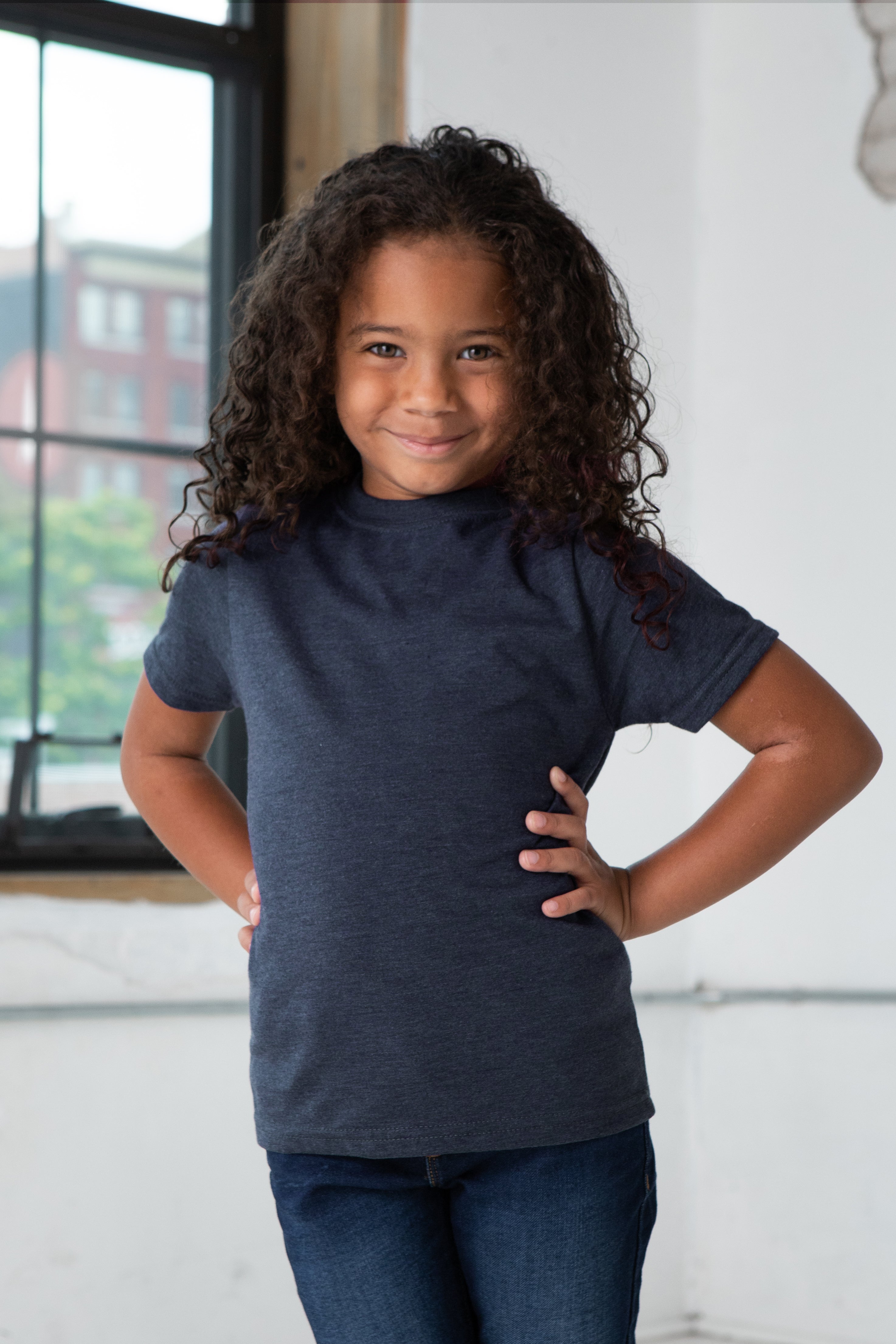 Girl Model wearing GOEX Youth Eco Triblend Tee in Navy