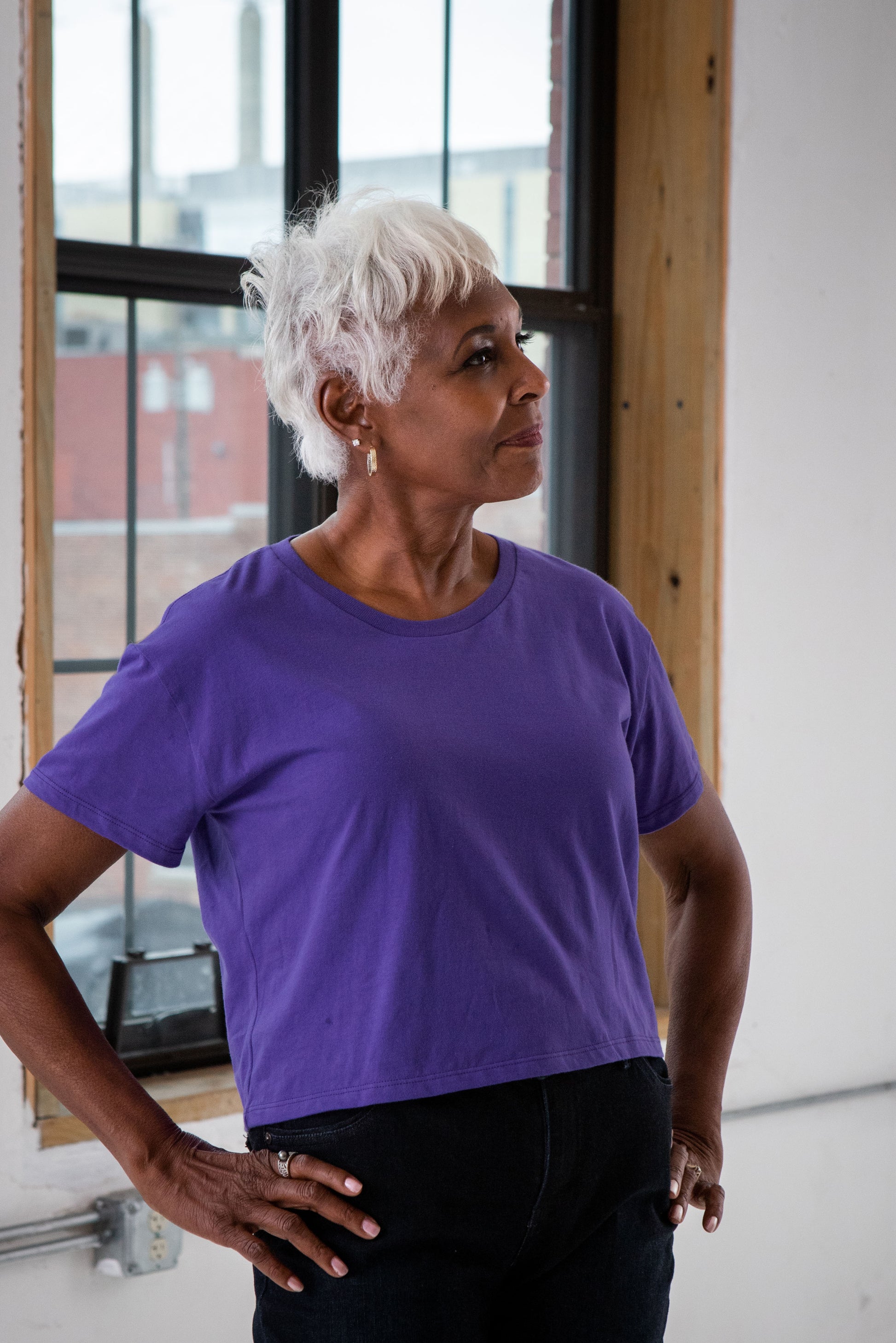 Female Model wearing GOEX Ladies Cotton Crop Tee in Purple