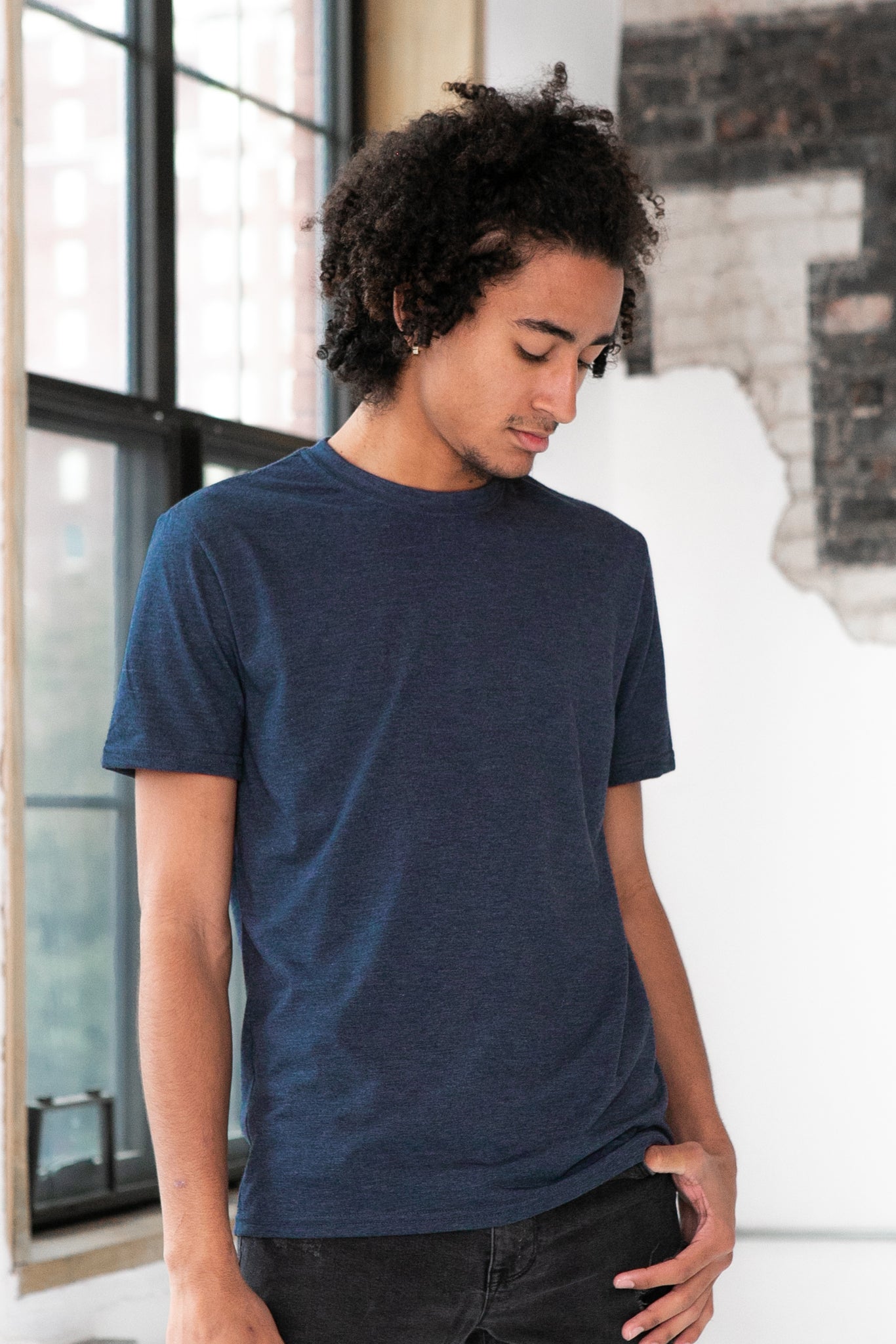 Male Model wearing GOEX Eco Triblend Unisex and Men's Tee in Navy