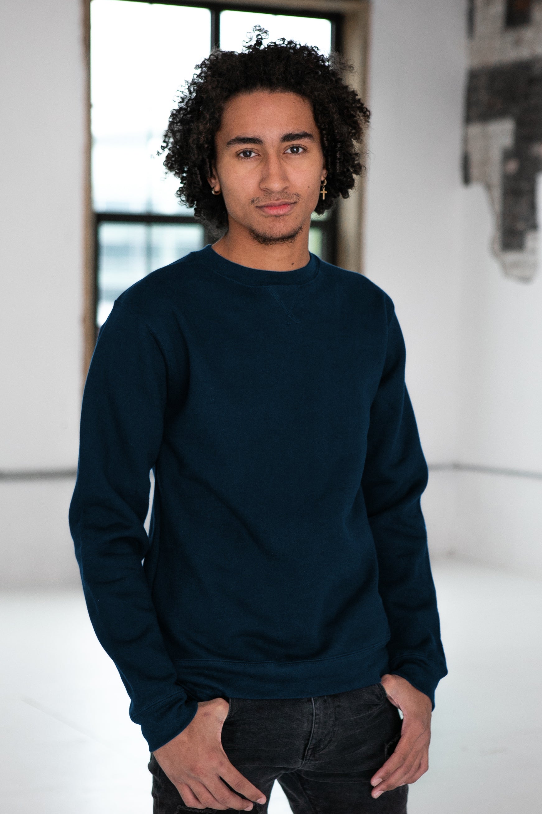 Male Model wearing GOEX Unisex and Men's Fleece Crew in Navy