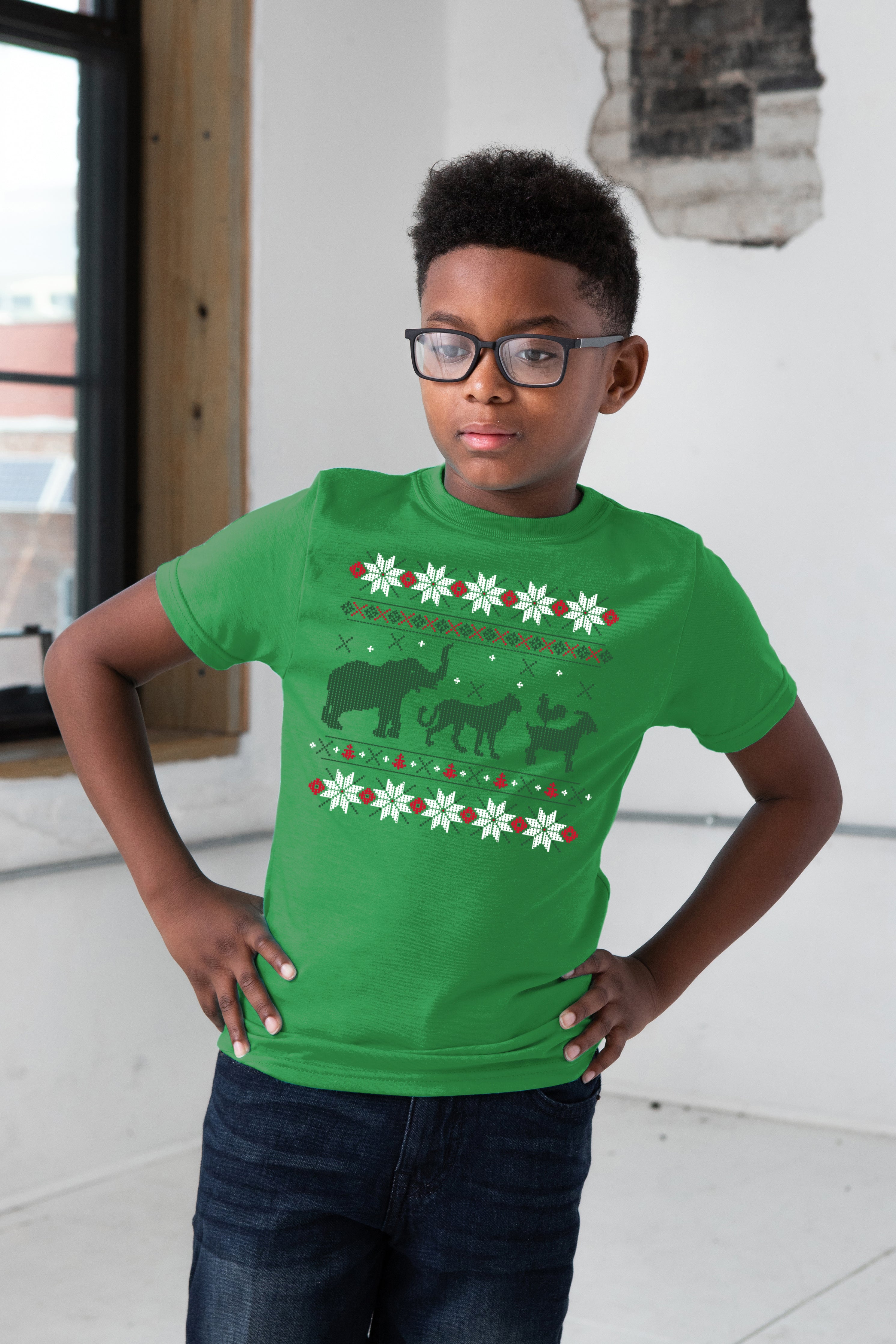 Boy Model wearing GOEX Youth Animal Sweater Graphic Tee in Kelly Green