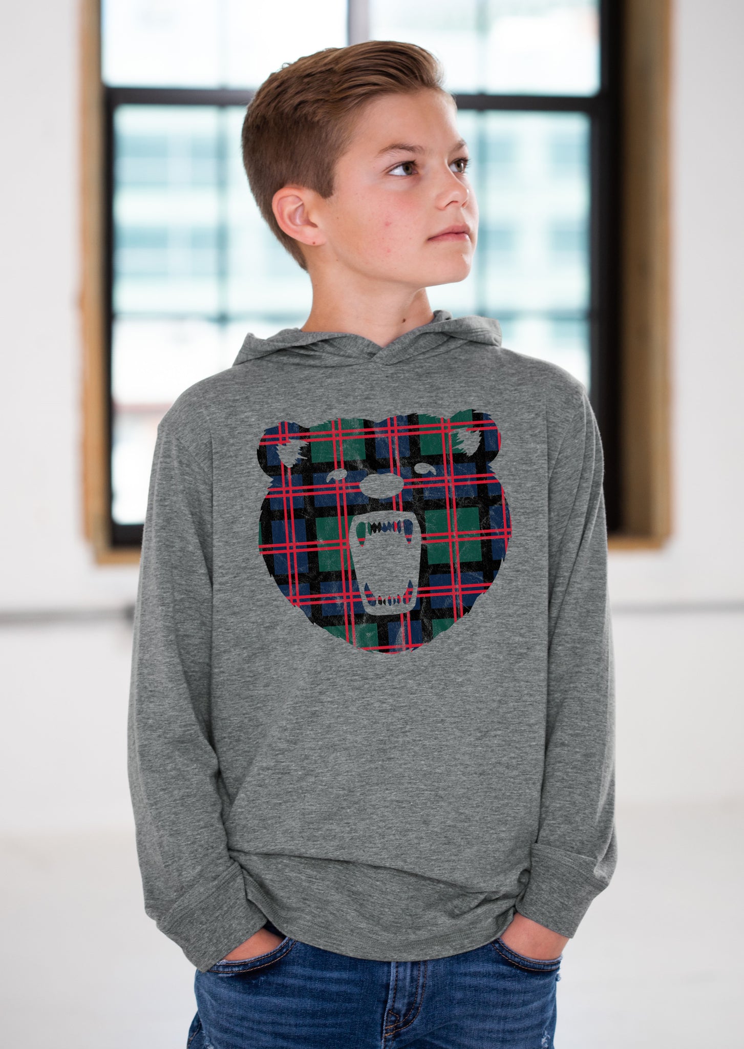Boy Model Wearing GOEX Youth Plaid Bear Eco Triblend Graphic Hooded Tee in Heather Grey