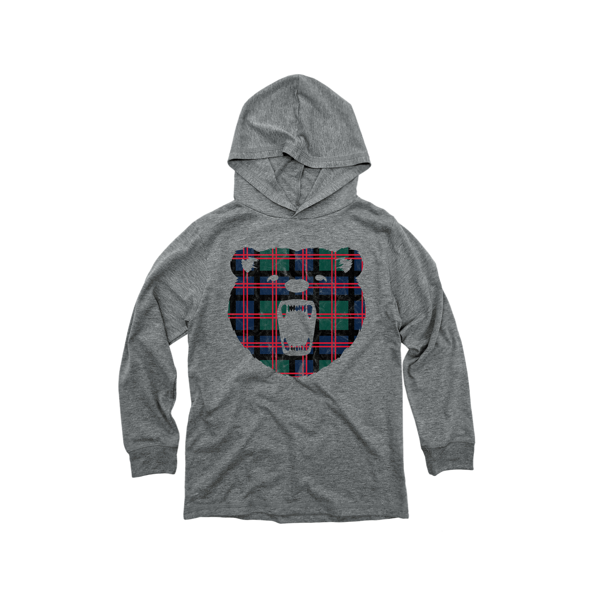 Front Flat Lay of GOEX Youth Plaid Bear Eco Triblend Graphic Hooded Tee in Heather Grey