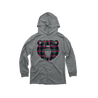 Front Flat Lay of GOEX Youth Plaid Bear Eco Triblend Graphic Hooded Tee in Heather Grey