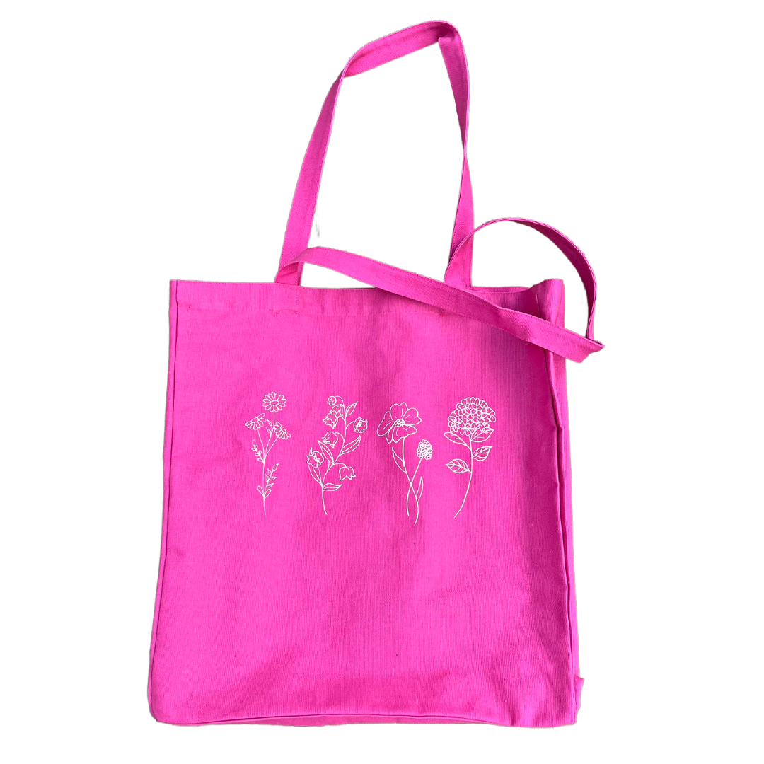 Flat Lay of GOEX Pink Canvas Tote Bag with White Floral Print