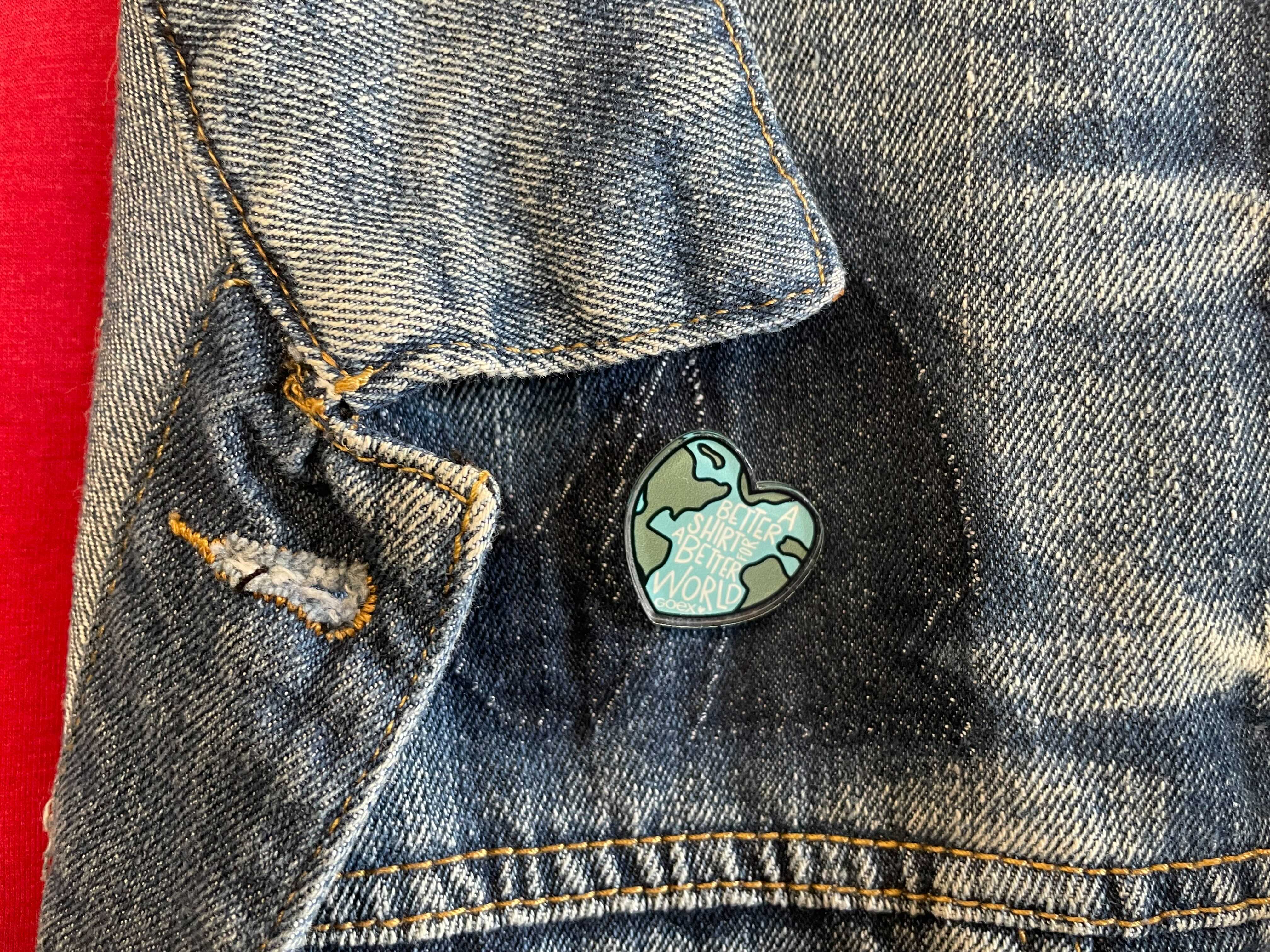 Fair Trade World Pin on Denim Jacket