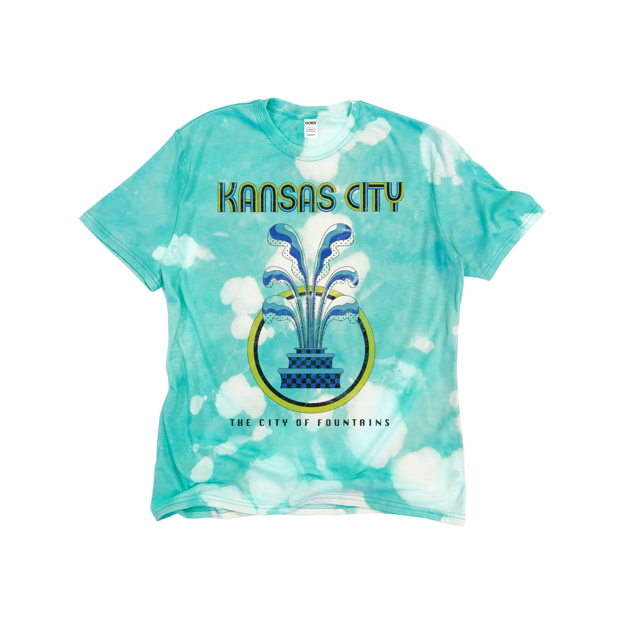 Flat Lay of GOEX Unisex and Men's City of Fountains Eco Triblend Tee in Teal Tie Dye
