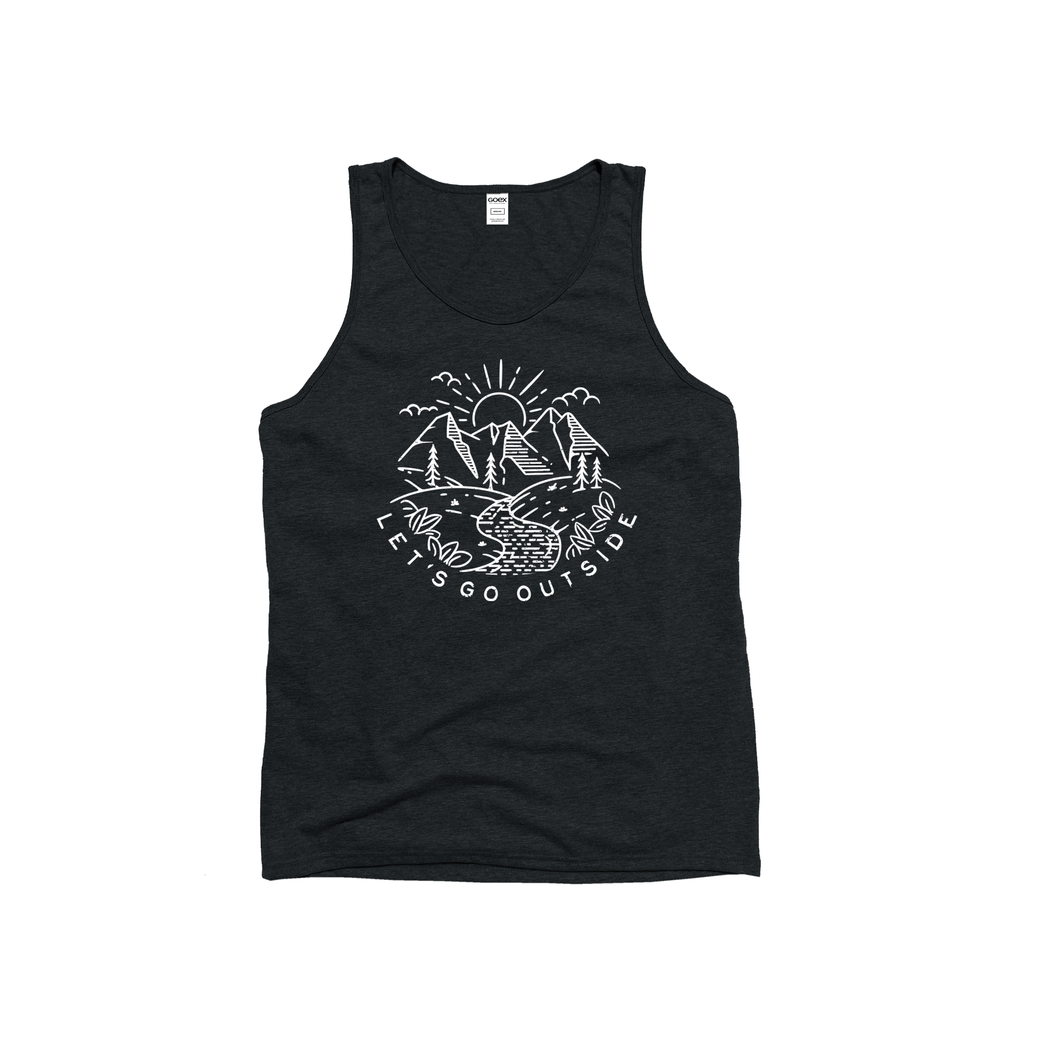 Flat Lay of GOEX Unisex and Men's Let's Go Outside Graphic Tank in Charcoal