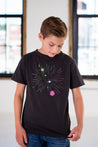 Boy Model wearing GOEX Youth No Space for Waste Eco Triblend Graphic Tee in Charcoal