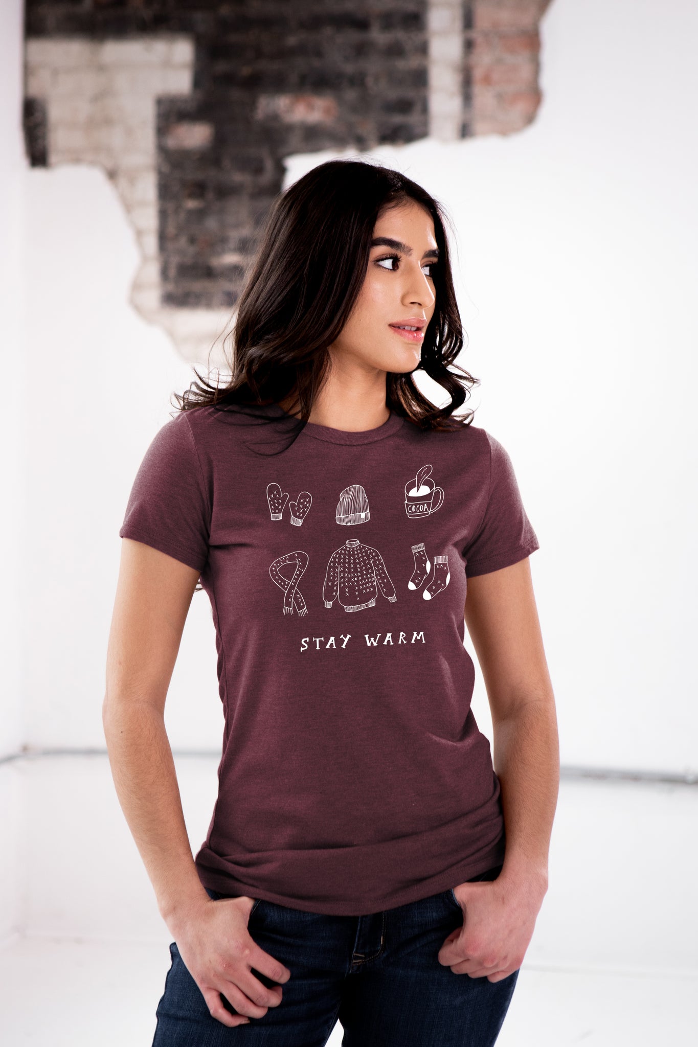 Female Model wearing GOEX Ladies Stay Warm Eco Triblend Graphic Tee in Wine