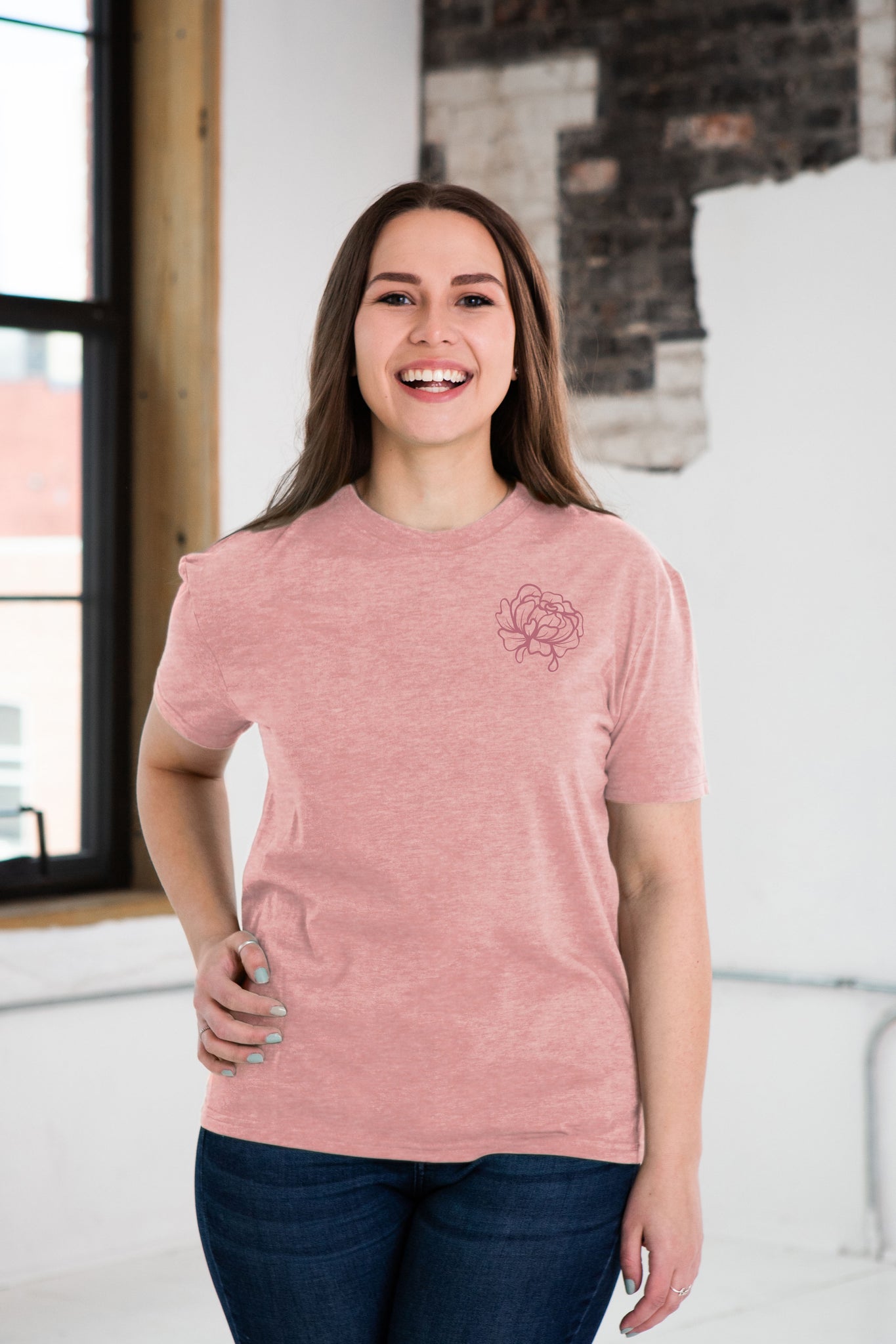 Female Model wearing Unfailing Love Graphic Tee in Rose